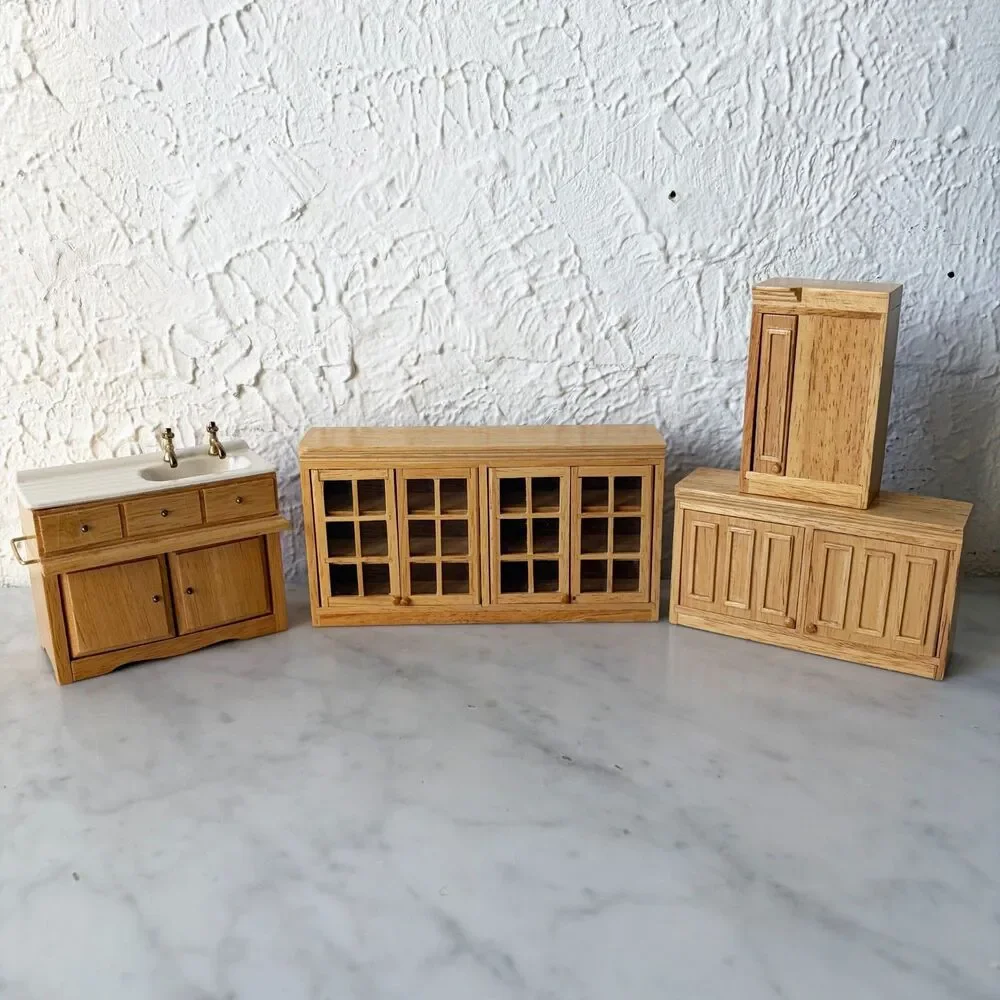 Town Square Miniatures Dollhouse Kitchen Cabinet Set Sink Natural Wood 1:12